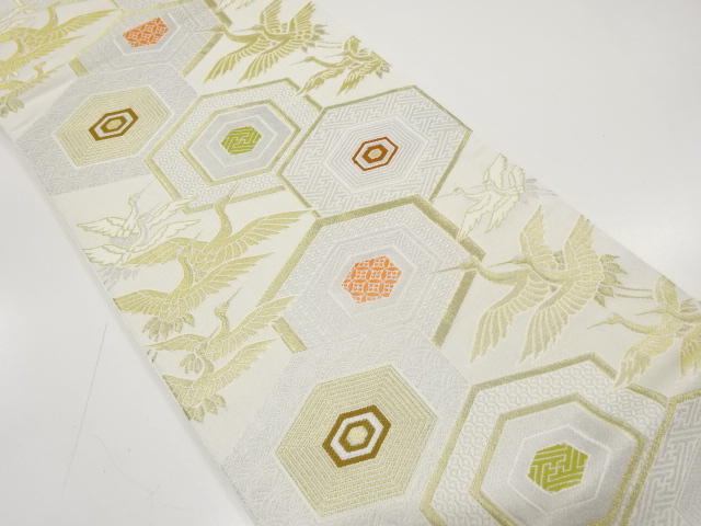 JAPANESE KIMONO / ANTIQUE FUKURO OBI / WOVEN CRANES & FLOWER